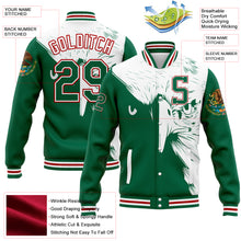 Load image into Gallery viewer, Custom Kelly Green White-Red Eagle Mexico 3D Bomber Full-Snap Varsity Letterman Jacket