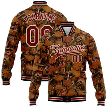 Load image into Gallery viewer, Custom Camo Crimson City Cream-Black Realistic Forest Camouflage 3D Bomber Full-Snap Varsity Letterman Salute To Service Jacket