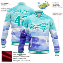 Load image into Gallery viewer, Custom Aqua White Winter Landscape With Watercolor Snowy Mountains And Trees 3D Pattern Design Bomber Full-Snap Varsity Letterman Jacket