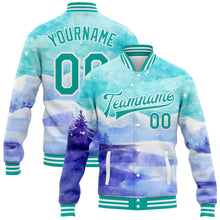 Load image into Gallery viewer, Custom Aqua White Winter Landscape With Watercolor Snowy Mountains And Trees 3D Pattern Design Bomber Full-Snap Varsity Letterman Jacket