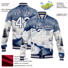 Load image into Gallery viewer, Custom White Navy Watercolor Winter Snow Landscape 3D Pattern Design Bomber Full-Snap Varsity Letterman Jacket