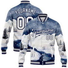 Load image into Gallery viewer, Custom White Navy Watercolor Winter Snow Landscape 3D Pattern Design Bomber Full-Snap Varsity Letterman Jacket