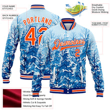 Load image into Gallery viewer, Custom Royal Orange-White Lovely Winter Landscape With Snowy Trees 3D Pattern Design Bomber Full-Snap Varsity Letterman Jacket