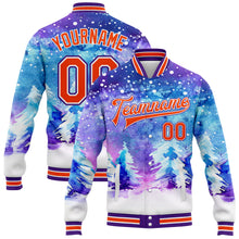 Load image into Gallery viewer, Custom Purple Orange-White Watercolor Winter Landscape With Snowy Trees 3D Pattern Design Bomber Full-Snap Varsity Letterman Jacket
