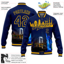 Load image into Gallery viewer, Custom Navy Gold Rainbow Bridge And Statue Of Liberty Tokyo Japan City Edition 3D Bomber Full-Snap Varsity Letterman Jacket