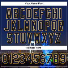 Load image into Gallery viewer, Custom Navy Gold Rainbow Bridge And Statue Of Liberty Tokyo Japan City Edition 3D Bomber Full-Snap Varsity Letterman Jacket