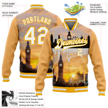 Load image into Gallery viewer, Custom Gold White Big Ben And Westminster Bridge London UK City Edition 3D Bomber Full-Snap Varsity Letterman Jacket