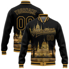 Load image into Gallery viewer, Custom Black Old Gold Parliament Building Budapest Hungary City Edition 3D Bomber Full-Snap Varsity Letterman Jacket