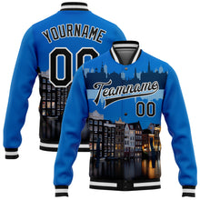 Load image into Gallery viewer, Custom Blue Black-White Amsterdam Netherlands City Edition 3D Bomber Full-Snap Varsity Letterman Jacket
