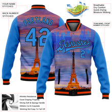 Load image into Gallery viewer, Custom Powder Blue Black-Orange Eiffel Tower Paris France City Edition 3D Bomber Full-Snap Varsity Letterman Jacket