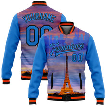Load image into Gallery viewer, Custom Powder Blue Black-Orange Eiffel Tower Paris France City Edition 3D Bomber Full-Snap Varsity Letterman Jacket