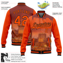 Load image into Gallery viewer, Custom Orange Black Baltimore Inner Harbor Baltimore Maryland City Edition 3D Bomber Full-Snap Varsity Letterman Jacket