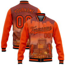 Load image into Gallery viewer, Custom Orange Black Baltimore Inner Harbor Baltimore Maryland City Edition 3D Bomber Full-Snap Varsity Letterman Jacket