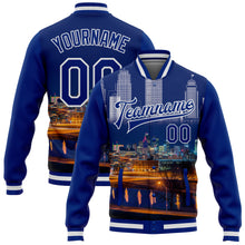 Load image into Gallery viewer, Custom Royal White Kansas City Missouri City Edition 3D Bomber Full-Snap Varsity Letterman Jacket