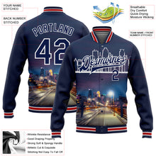 Load image into Gallery viewer, Custom Navy White Minneapolis Minnesota City Edition 3D Bomber Full-Snap Varsity Letterman Jacket