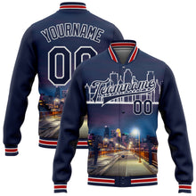 Load image into Gallery viewer, Custom Navy White Minneapolis Minnesota City Edition 3D Bomber Full-Snap Varsity Letterman Jacket