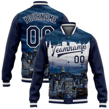 Load image into Gallery viewer, Custom Navy White New York City Edition 3D Bomber Full-Snap Varsity Letterman Jacket