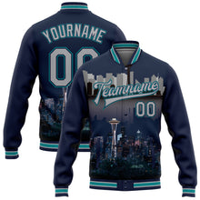 Load image into Gallery viewer, Custom Navy Gray-Teal Seattle Washington City Edition 3D Bomber Full-Snap Varsity Letterman Jacket
