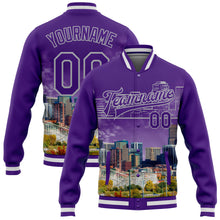 Load image into Gallery viewer, Custom Purple Gray Denver Colorado City Edition 3D Bomber Full-Snap Varsity Letterman Jacket