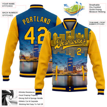 Load image into Gallery viewer, Custom Gold Navy Milwaukee Wisconsin City Edition 3D Bomber Full-Snap Varsity Letterman Jacket