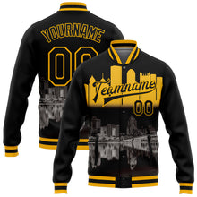 Load image into Gallery viewer, Custom Black Gold Pittsburgh Pennsylvania City Edition 3D Bomber Full-Snap Varsity Letterman Jacket