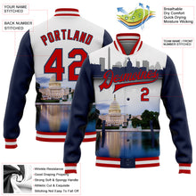 Load image into Gallery viewer, Custom White Red-Navy Capitol Washington City Edition 3D Bomber Full-Snap Varsity Letterman Jacket