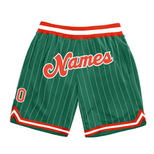 Load image into Gallery viewer, Custom Kelly Green White Pinstripe Orange-White Authentic Basketball Shorts