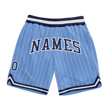 Load image into Gallery viewer, Custom Light Blue White Pinstripe Navy-White Authentic Basketball Shorts