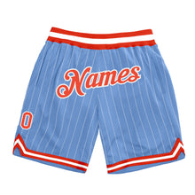 Load image into Gallery viewer, Custom Light Blue White Pinstripe Orange-White Authentic Basketball Shorts