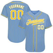 Load image into Gallery viewer, Custom Light Blue Gold Pinstripe Gold-White Authentic Baseball Jersey