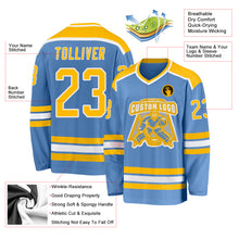 Load image into Gallery viewer, Custom Light Blue Gold-White Hockey Jersey