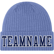 Load image into Gallery viewer, Custom Light Blue Navy-White Stitched Cuffed Knit Hat
