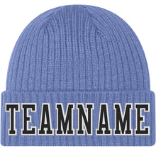 Load image into Gallery viewer, Custom Light Blue Black-White Stitched Cuffed Knit Hat