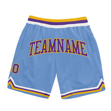 Load image into Gallery viewer, Custom Light Blue Purple-Gold Authentic Throwback Basketball Shorts