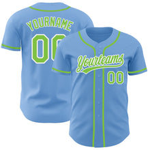 Load image into Gallery viewer, Custom Light Blue Neon Green-White Authentic Baseball Jersey