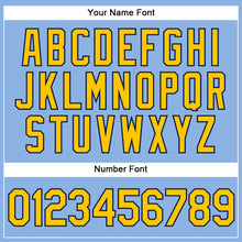 Load image into Gallery viewer, Custom Light Blue Yellow Pinstripe Navy Authentic Baseball Jersey