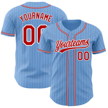 Load image into Gallery viewer, Custom Light Blue White Pinstripe Red Authentic Baseball Jersey