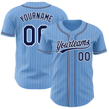 Load image into Gallery viewer, Custom Light Blue White Pinstripe Navy Authentic Baseball Jersey