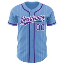Load image into Gallery viewer, Custom Light Blue White Pinstripe Purple Authentic Baseball Jersey