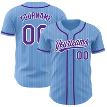 Load image into Gallery viewer, Custom Light Blue White Pinstripe Purple Authentic Baseball Jersey