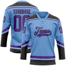 Load image into Gallery viewer, Custom Light Blue Purple-Black Hockey Lace Neck Jersey