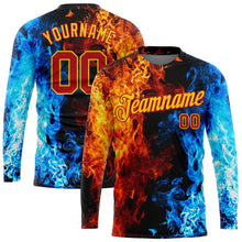Load image into Gallery viewer, Custom Black Red Gold Royal-Light Blue Flame 3D Pattern Long Sleeve Performance T-Shirt