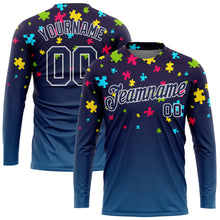 Load image into Gallery viewer, Custom Navy Navy-White Autism Awareness Puzzle Pieces 3D Pattern Long Sleeve Performance T-Shirt