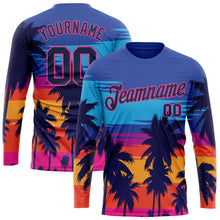 Load image into Gallery viewer, Custom Royal Navy-Pink Hawaii Palm Trees 3D Pattern Long Sleeve Performance T-Shirt