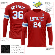 Load image into Gallery viewer, Custom Red White-Light Blue Long Sleeve Performance T-Shirt
