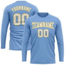 Load image into Gallery viewer, Custom Light Blue White-Gold Long Sleeve Performance T-Shirt