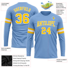 Load image into Gallery viewer, Custom Light Blue Gold-White Long Sleeve Performance T-Shirt