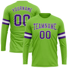 Load image into Gallery viewer, Custom Neon Green Purple-White Long Sleeve Performance T-Shirt