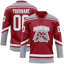 Load image into Gallery viewer, Custom Maroon White-Gray Hockey Lace Neck Jersey