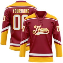 Load image into Gallery viewer, Custom Maroon White-Gold Hockey Lace Neck Jersey